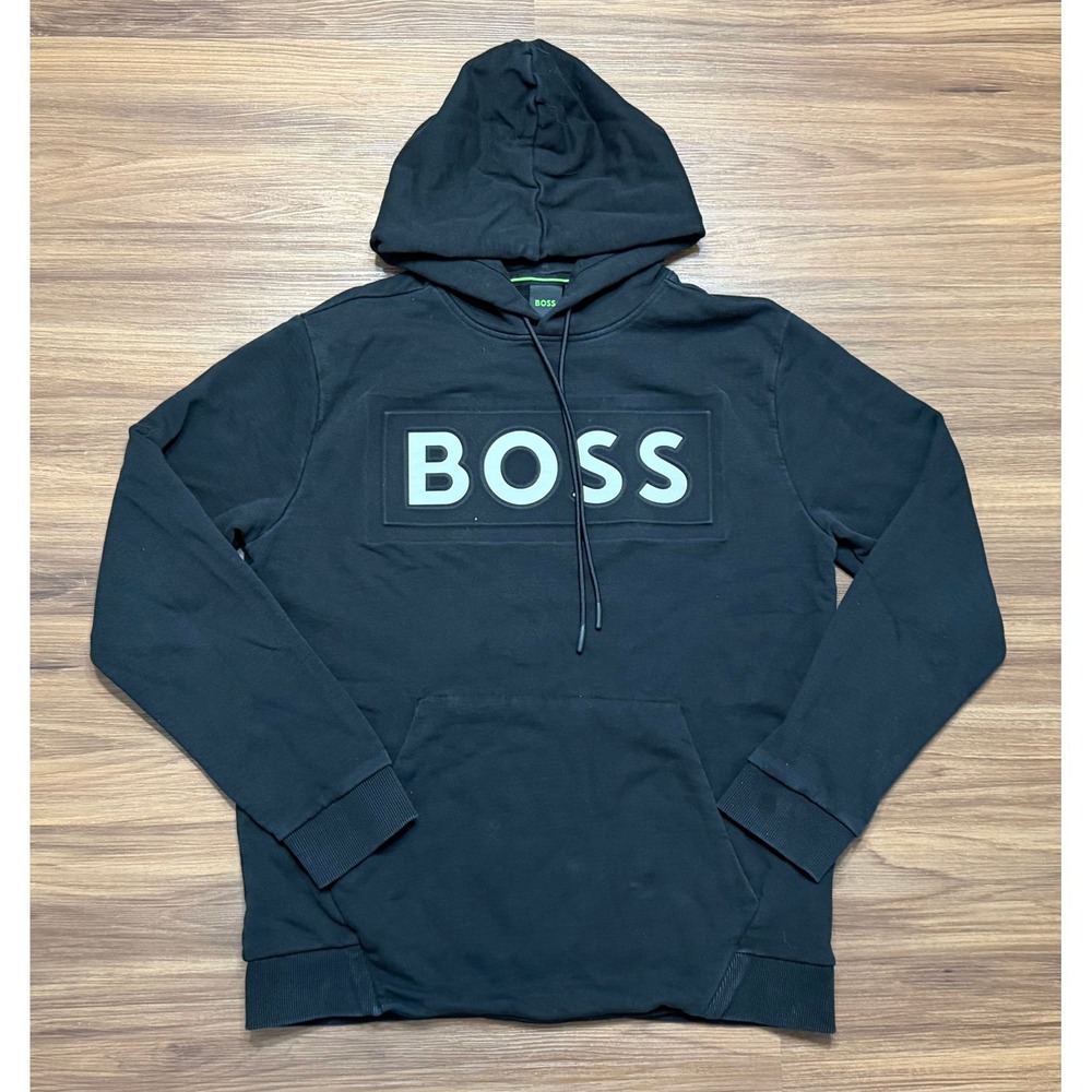 Hugo Boss Green Label Soody Black Embossed Logo Cotton Hoodie Sweatshirt Sz L